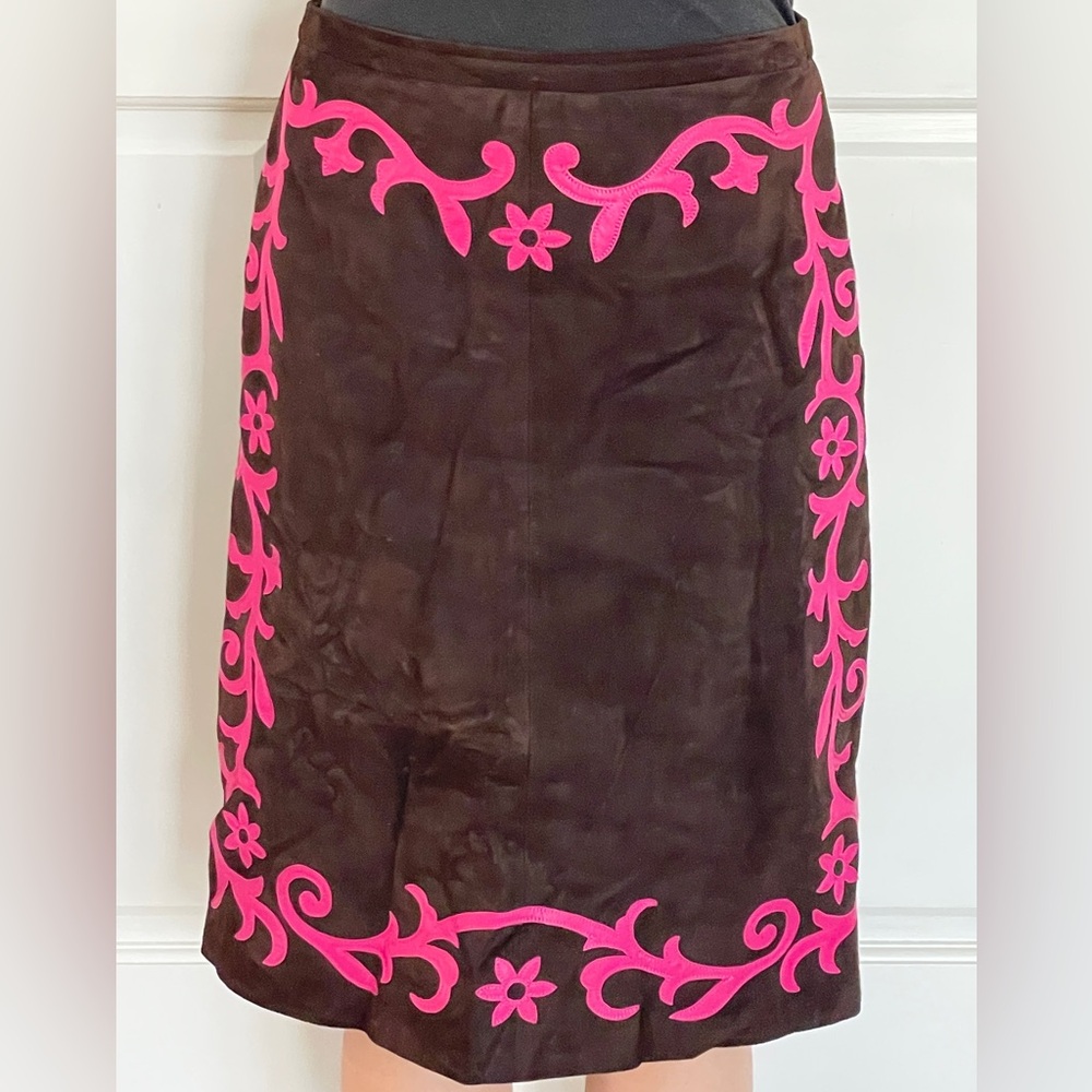 Escada Brown Suede Pencil Skirt with Pink Leather Embroidery